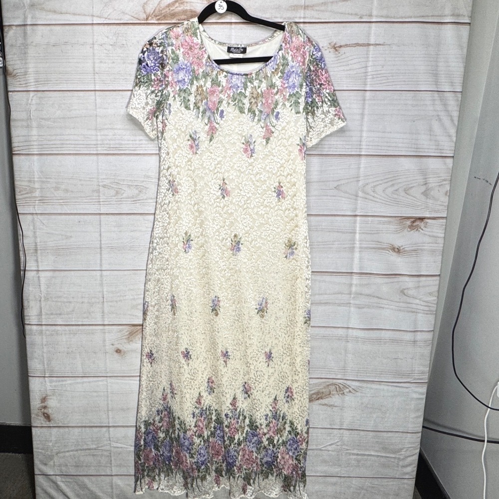 Vintage Media One Romantic Floral Lace Maxi Dress Cream Purple Pink Size 12